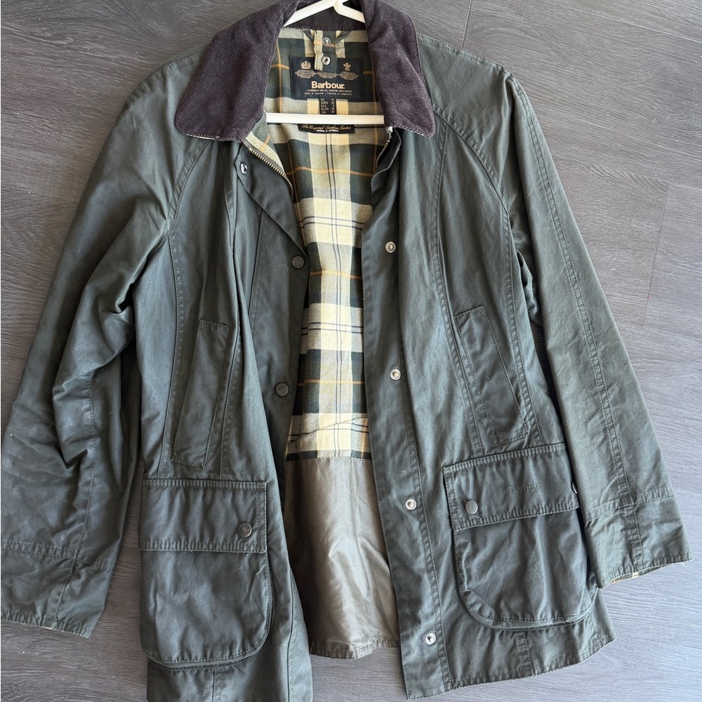Barbour Beadnell Green Waxed Cotton Jacket with removable hood- UK 12 US 8 - Picture 1 of 8